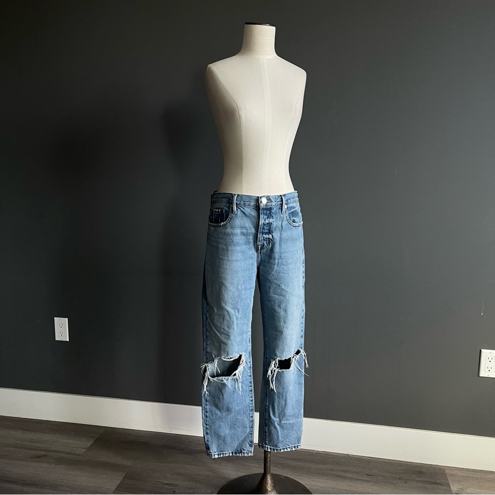 FRAME Le Original Distressed Straight Leg Jeans Medium Wash French Parisian